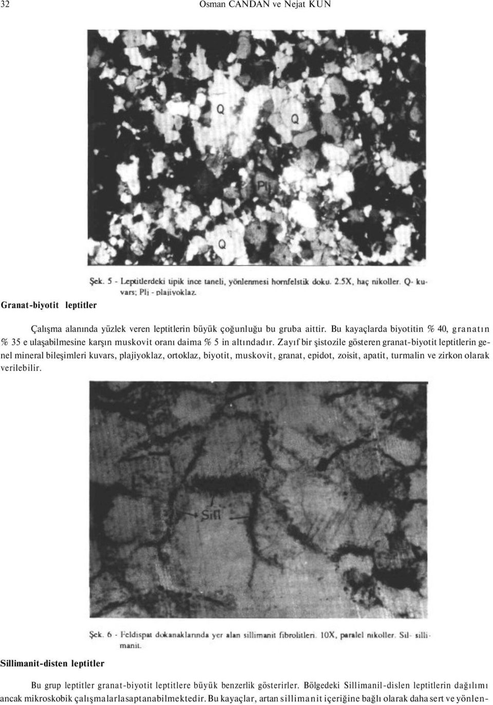 Zayıf bir şistozile gösteren granat-biyotit leptitlerin genel mineral bileşimleri kuvars, plajiyoklaz, ortoklaz, biyotit, muskovit, granat, epidot, zoisit, apatit, turmalin ve