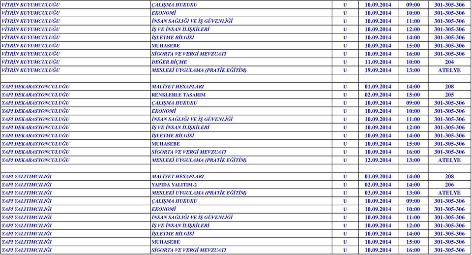09.2014 16:00 301-305-306 VİTRİN KUYUMCULUĞU DEĞER BİÇME U 11.09.2014 10:00 204 VİTRİN KUYUMCULUĞU MESLEKİ UYGULAMA (PRATİK EĞİTİM) U 19.09.2014 13:00 ATELYE YAPI DEKARASYONCULUĞU MALİYET HESAPLARI U 01.