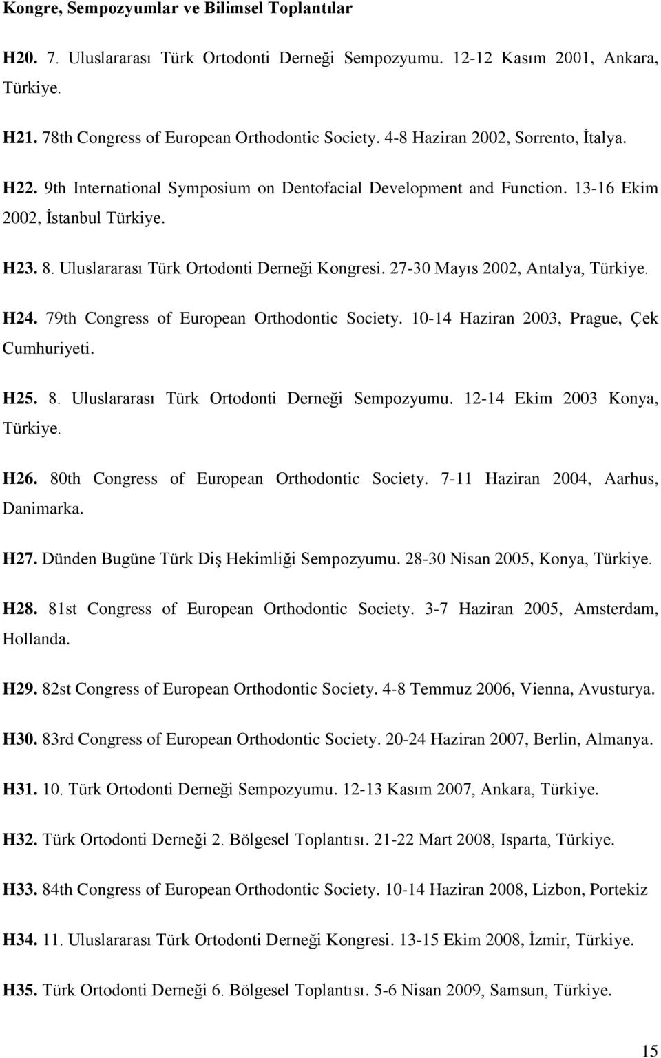 27-30 Mayıs 2002, Antalya, Türkiye. H24. 79th Congress of European Orthodontic Society. 10-14 Haziran 2003, Prague, Çek Cumhuriyeti. H25. 8. Uluslararası Türk Ortodonti Derneği Sempozyumu.