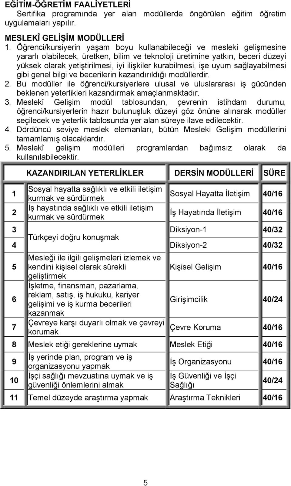 kurabilmesi, işe uyum sağlayabilmesi gibi genel bilgi ve becerilerin kazandırıldığı modüllerdir. 2.