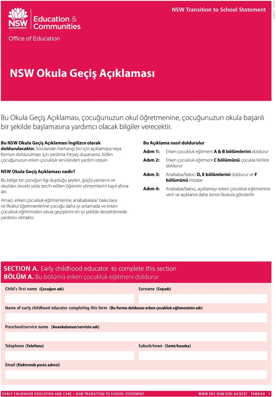 Sorulardan herhangi biri için açıklamaya veya formun doldurulması için yardıma ihtiyaç duyarsanız, lütfen çocuğunuzun erken çocukluk servisinden yardım isteyin. NSW Okula Geçiş Açıklaması nedir?