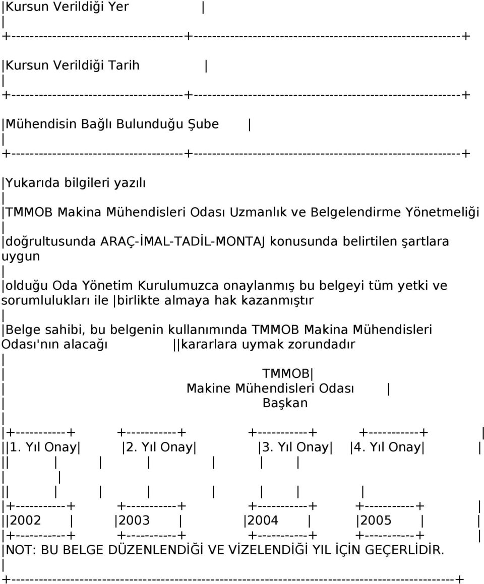 belgenin kullanımında TMMOB Makina Mühendisleri Odası'nın alacağı kararlara uymak zorundadır TMMOB Makine Mühendisleri Odası Başkan +-----------+ +-----------+ +-----------+ +-----------+ 1.