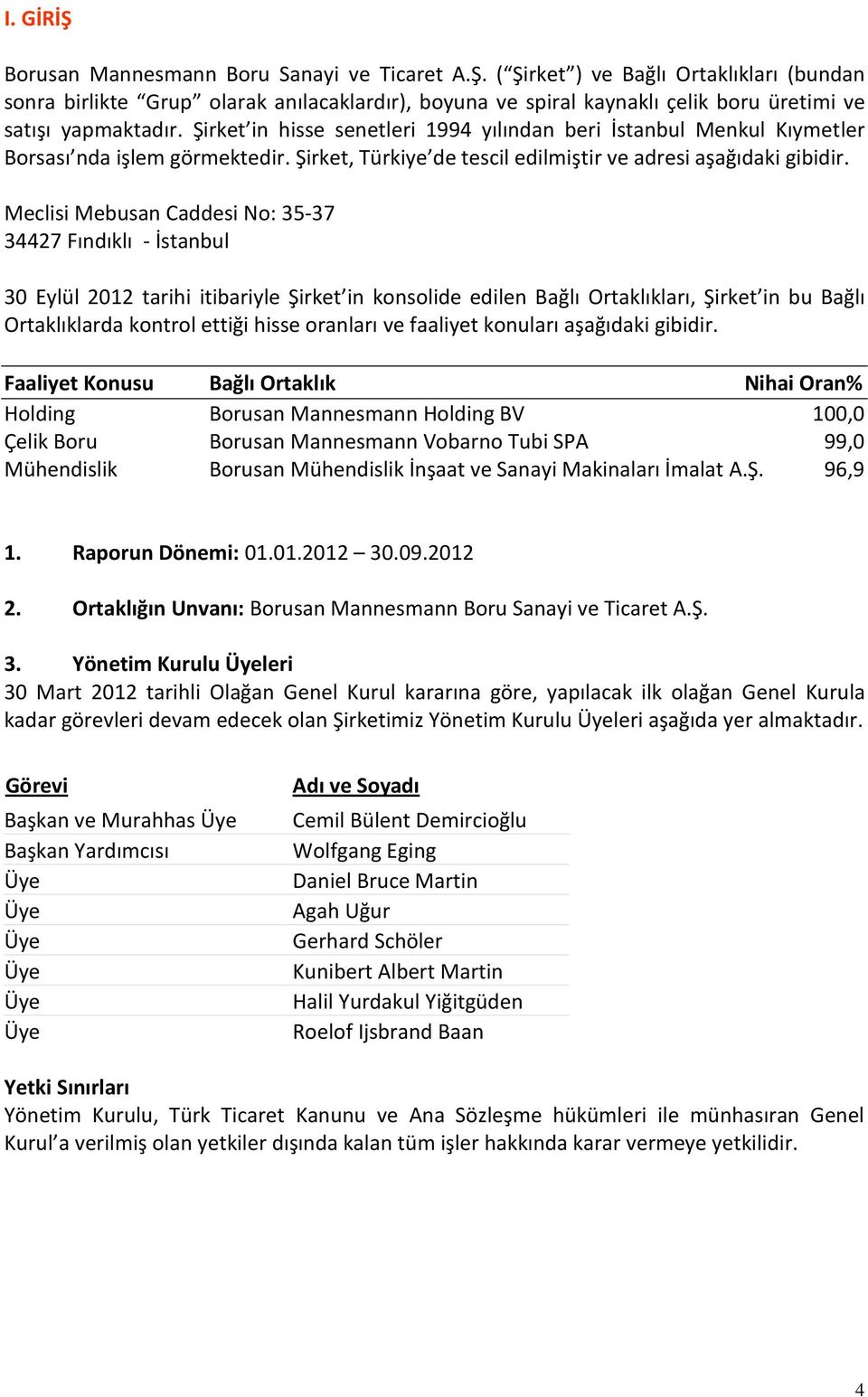 Meclisi Mebusan Caddesi No: 35-37 34427 Fındıklı - İstanbul 30 Eylül 2012 tarihi itibariyle Şirket in konsolide edilen Bağlı Ortaklıkları, Şirket in bu Bağlı Ortaklıklarda kontrol ettiği hisse