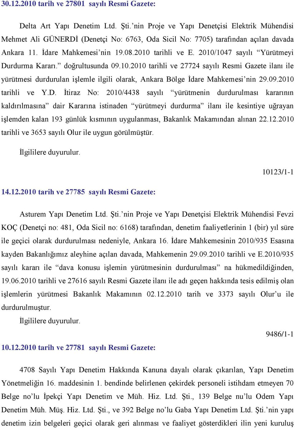 2010/1047 sayılı Yürütmeyi Durdurma Kararı. doğrultusunda 09.10.2010 tarihli ve 27724 sayılı Resmi Gazete ilanı ile yürütmesi durdurulan iģlemle ilgili olarak, Ankara Bölge Ġdare Mahkemesi nin 29.09.2010 tarihli ve Y.