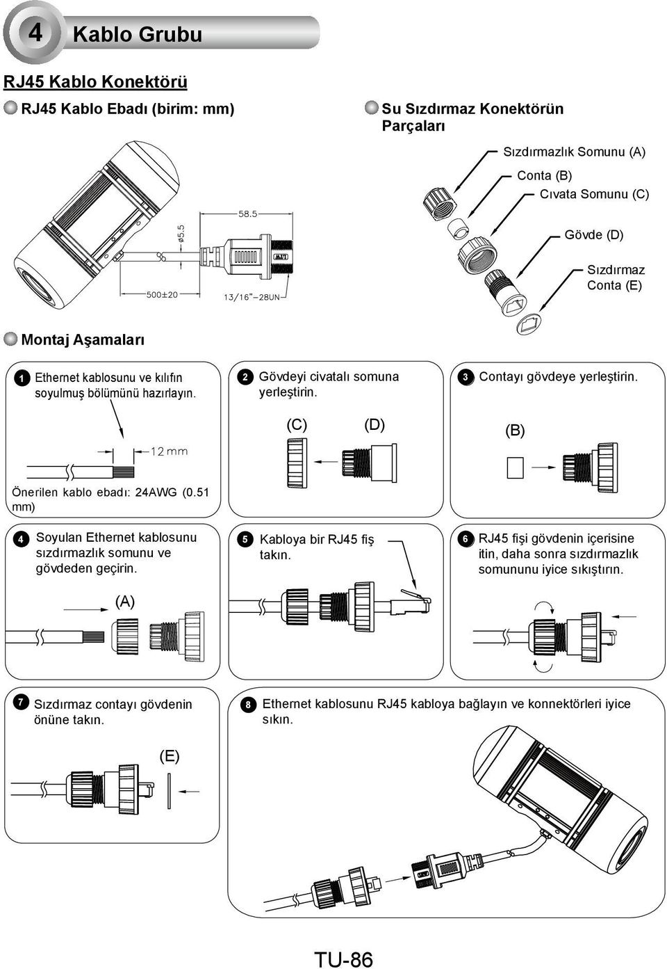 (C) (D) (B) Önerilen kablo ebadı: 24AWG (0.51 mm) 4 Soyulan Ethernet kablosunu 5 Kabloya bir RJ45 fiş 6 sızdırmazlık somunu ve takın. gövdeden geçirin.