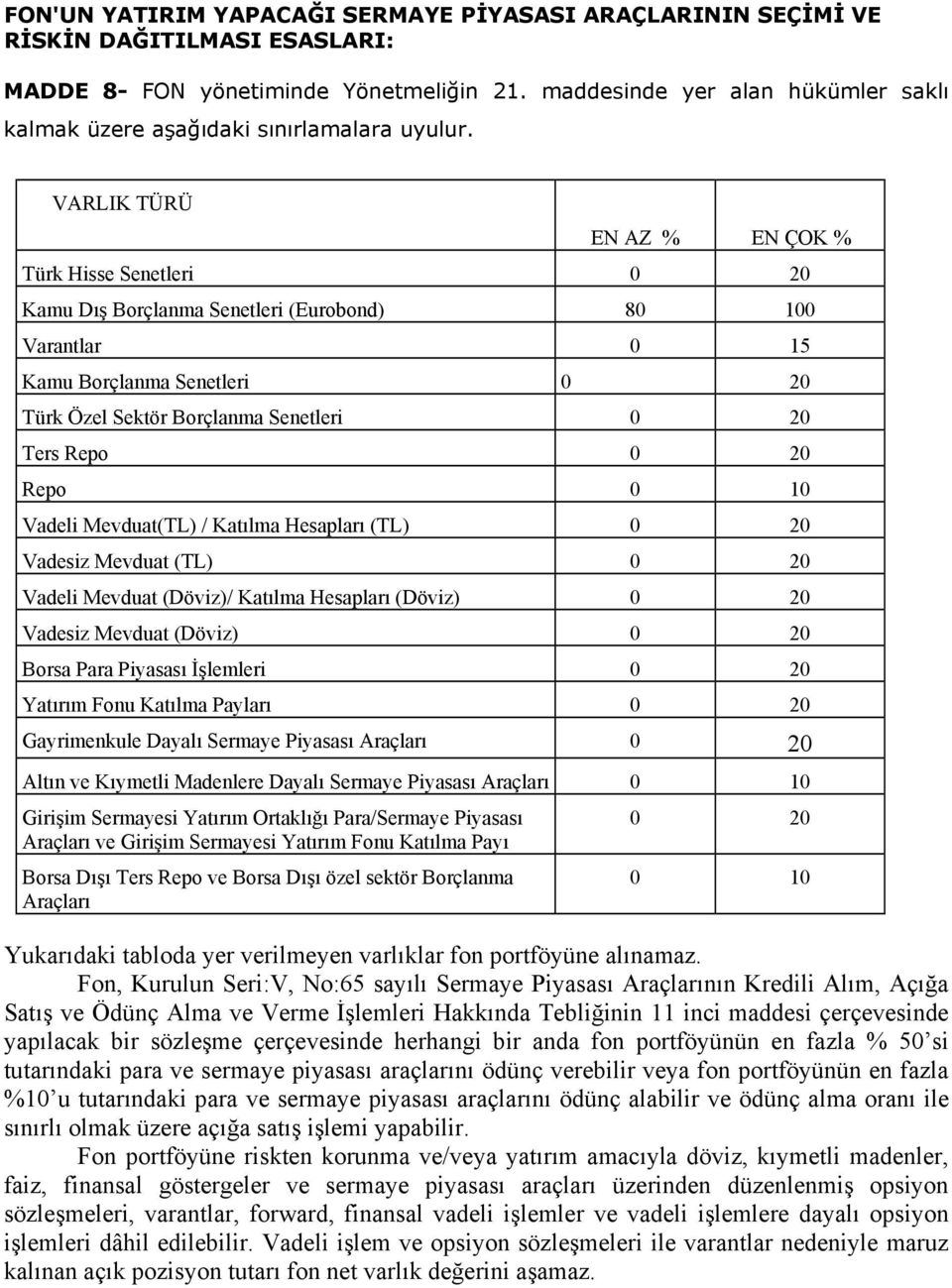 VARLIK TÜRÜ EN AZ % EN ÇOK % Türk Hisse Senetleri 0 20 Kamu Dış Borçlanma Senetleri (Eurobond) 80 100 Varantlar 0 15 Kamu Borçlanma Senetleri 0 20 Türk Özel Sektör Borçlanma Senetleri 0 20 Ters Repo