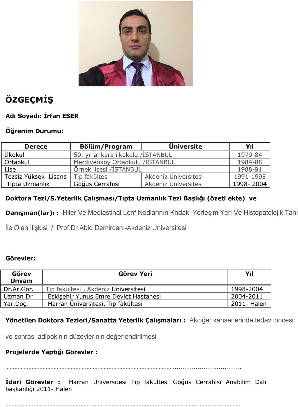 Uzmanlık Göğüs Cerrahisi Akdeniz Üniversitesi 1998-2004 Doktora Tezi/S.