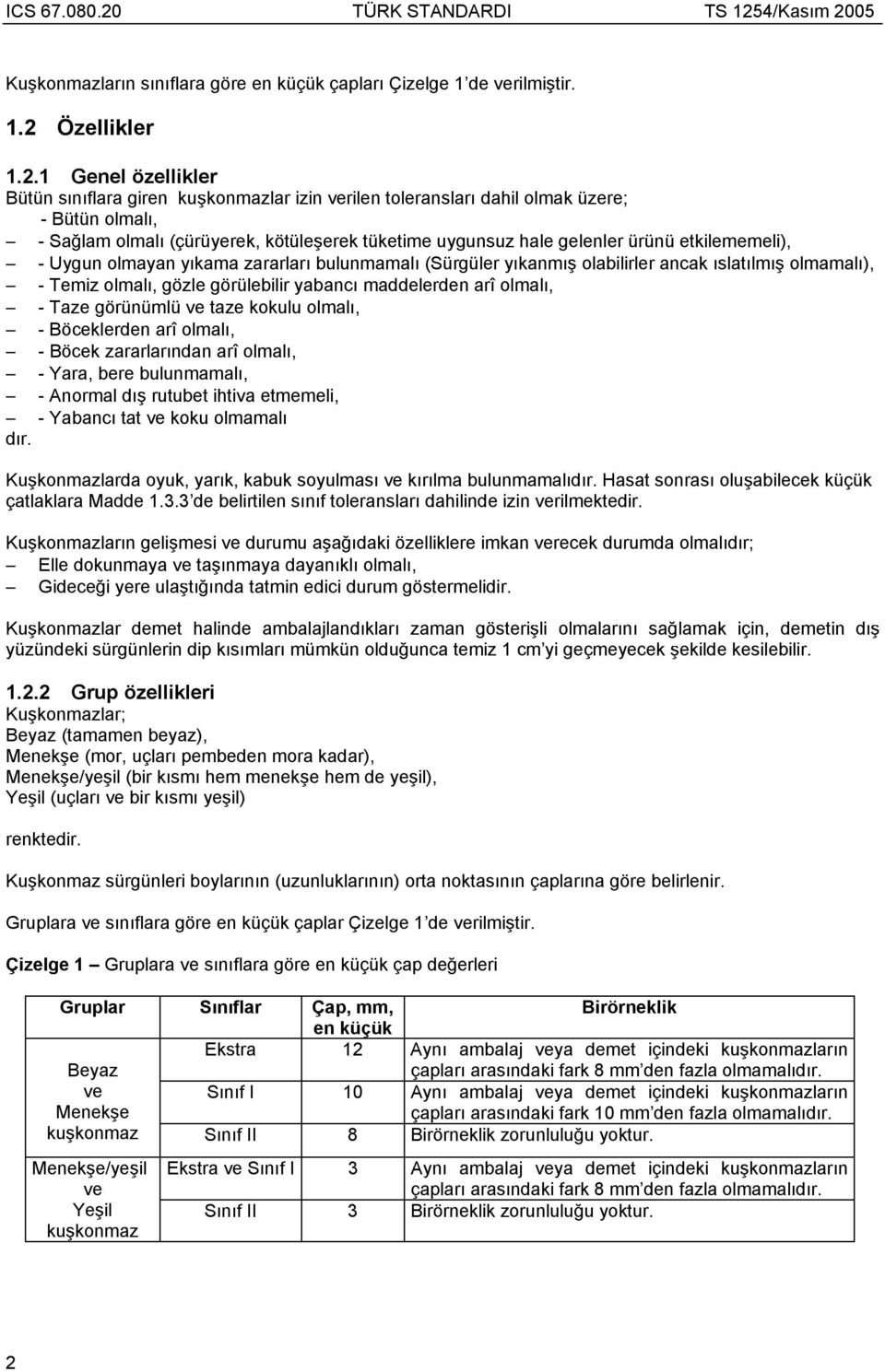 1 Genel özellikler Bütün s n flara giren ku konmazlar izin verilen toleranslar dahil olmak üzere; - Bütün olmal, - Sa lam olmal (çürüyerek, kötüle erek tüketime uygunsuz hale gelenler ürünü