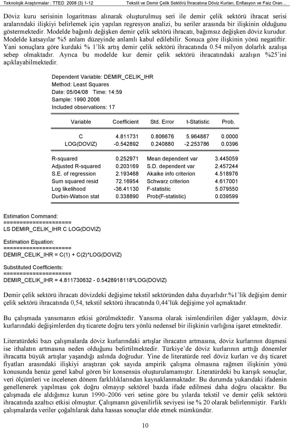 Modelde bağımlı değişken demir çelik sektörü ihracatı, bağımsız değişken döviz kurudur. Modelde katsayılar %5 anlam düzeyinde anlamlı kabul edilebilir. Sonuca göre ilişkinin yönü negatiftir.