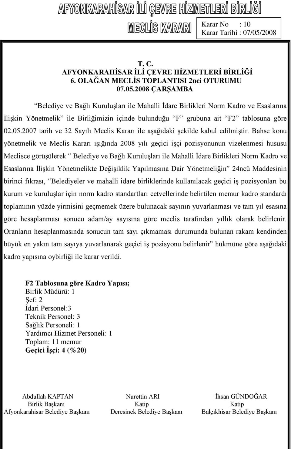 tablosuna göre 02.05.2007 tarih ve 32 Sayılı Meclis Kararı ile aşağıdaki şekilde kabul edilmiştir.