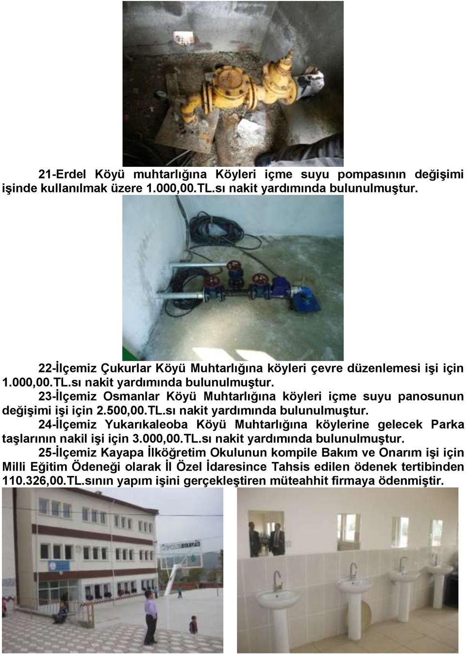 23-Ġlçemiz Osmanlar Köyü Muhtarlığına köyleri içme suyu panosunun değiģimi iģi için 2.500,00.TL.sı nakit yardımında bulunulmuģtur.