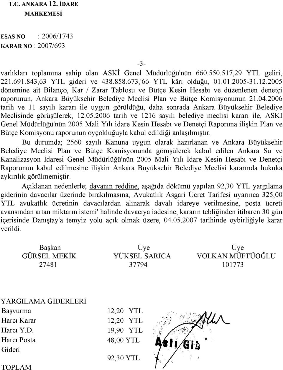 2005 dönemine ait Bilanço, Kar / Zarar Tablosu ve Bütçe Kesin Hesabı ve düzenlenen denetçi raporunun, Ankara Büyüksehir Belediye Meclisi Plan ve Bütçe Komisyonunun 21.04.