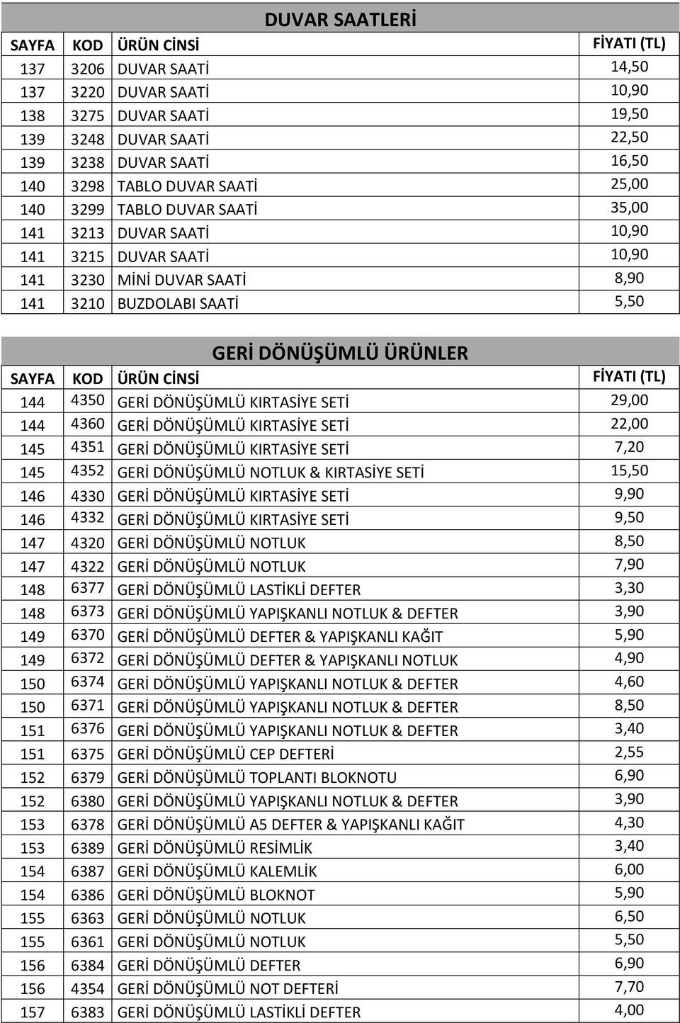 29,00 144 4360 GERİ DÖNÜŞÜMLÜ KIRTASİYE SETİ 22,00 145 4351 GERİ DÖNÜŞÜMLÜ KIRTASİYE SETİ 7,20 145 4352 GERİ DÖNÜŞÜMLÜ NOTLUK & KIRTASİYE SETİ 15,50 146 4330 GERİ DÖNÜŞÜMLÜ KIRTASİYE SETİ 9,90 146