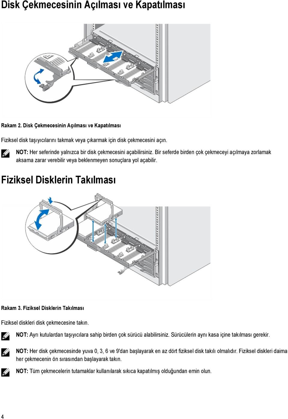 Fiziksel Disklerin Takılması Rakam 3. Fiziksel Disklerin Takılması Fiziksel diskleri disk çekmecesine takın. NOT: Ayrı kutulardan taşıyıcılara sahip birden çok sürücü alabilirsiniz.