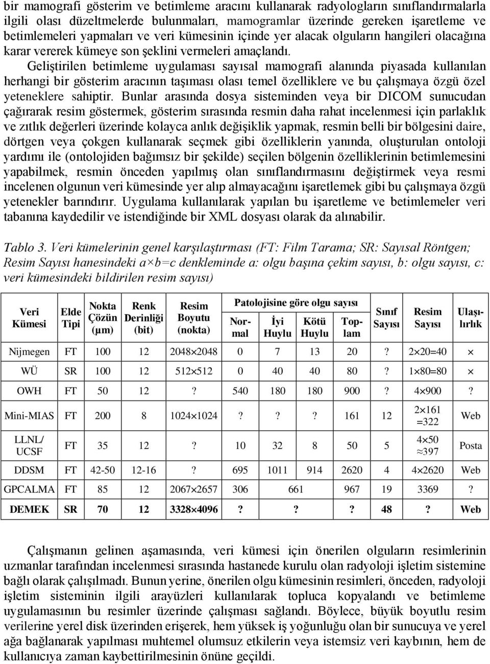 Geliştirilen betimleme uygulaması sayısal mamografi alanında piyasada kullanılan herhangi bir gösterim aracının taşıması olası temel özelliklere ve bu çalışmaya özgü özel yeteneklere sahiptir.