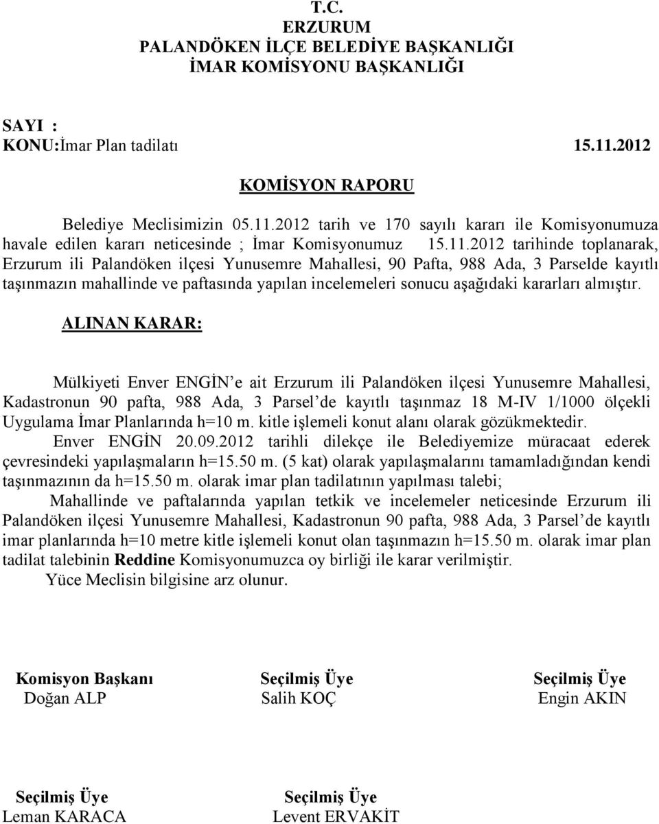 2012 tarih ve 170 sayılı kararı ile Komisyonumuza havale edilen kararı neticesinde ; İmar Komisyonumuz 15.11.