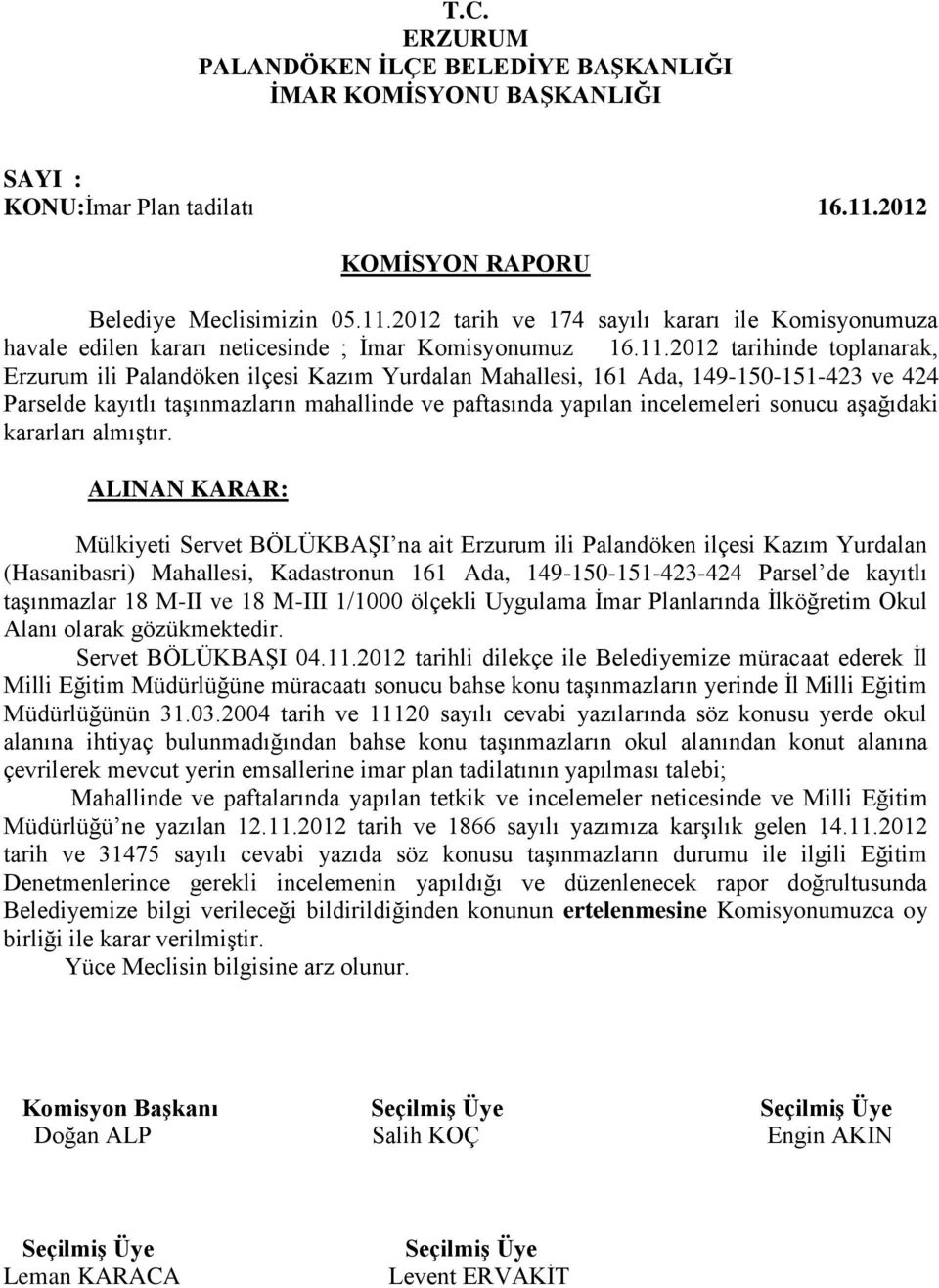 2012 tarih ve 174 sayılı kararı ile Komisyonumuza havale edilen kararı neticesinde ; İmar Komisyonumuz 16.11.