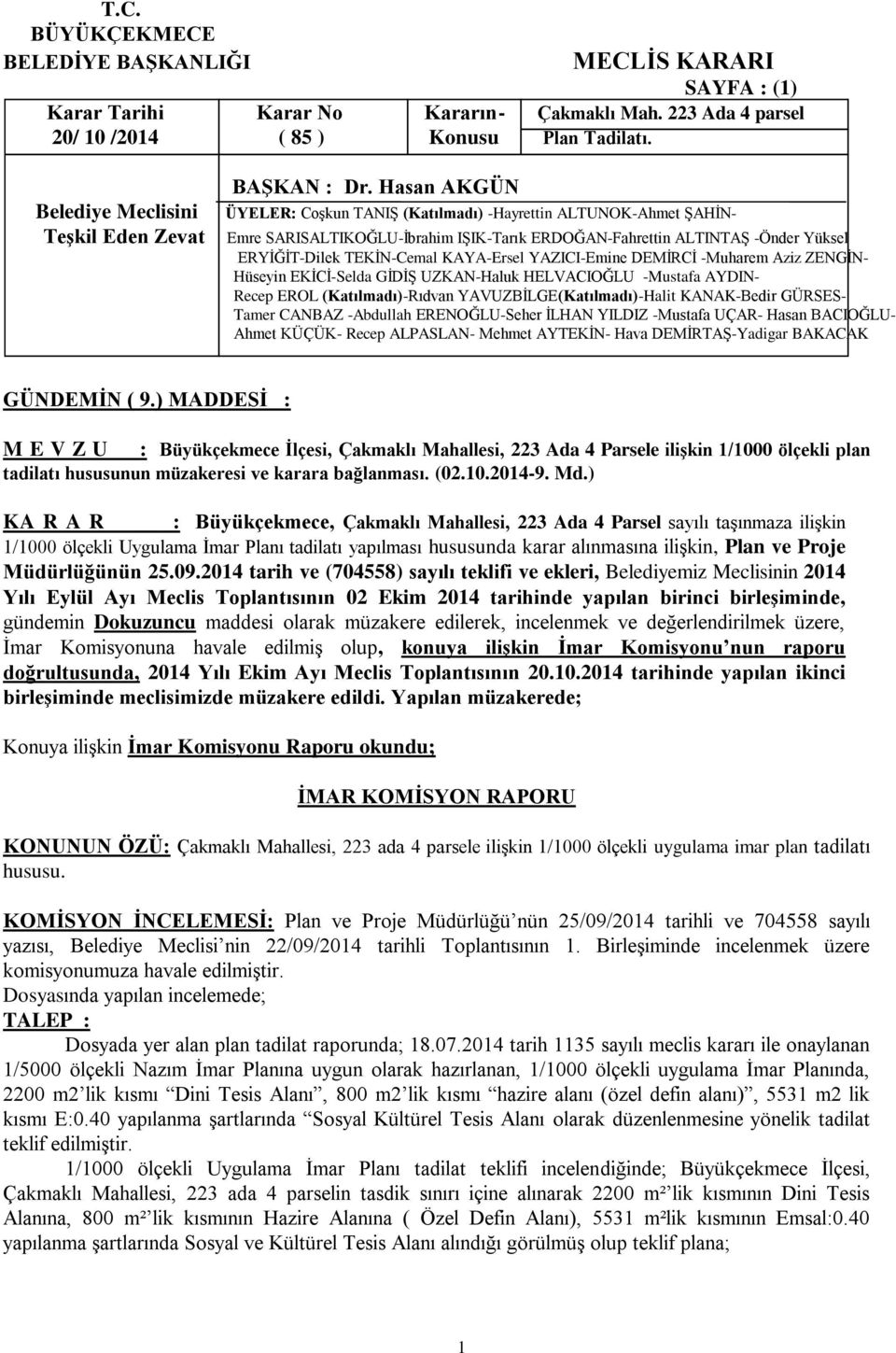 ) KA R A R : Büyükçekmece, Çakmaklı Mahallesi, 223 Ada 4 Parsel sayılı taģınmaza iliģkin 1/1000 ölçekli Uygulama Ġmar Planı tadilatı yapılması hususunda karar alınmasına iliģkin, Plan ve Proje