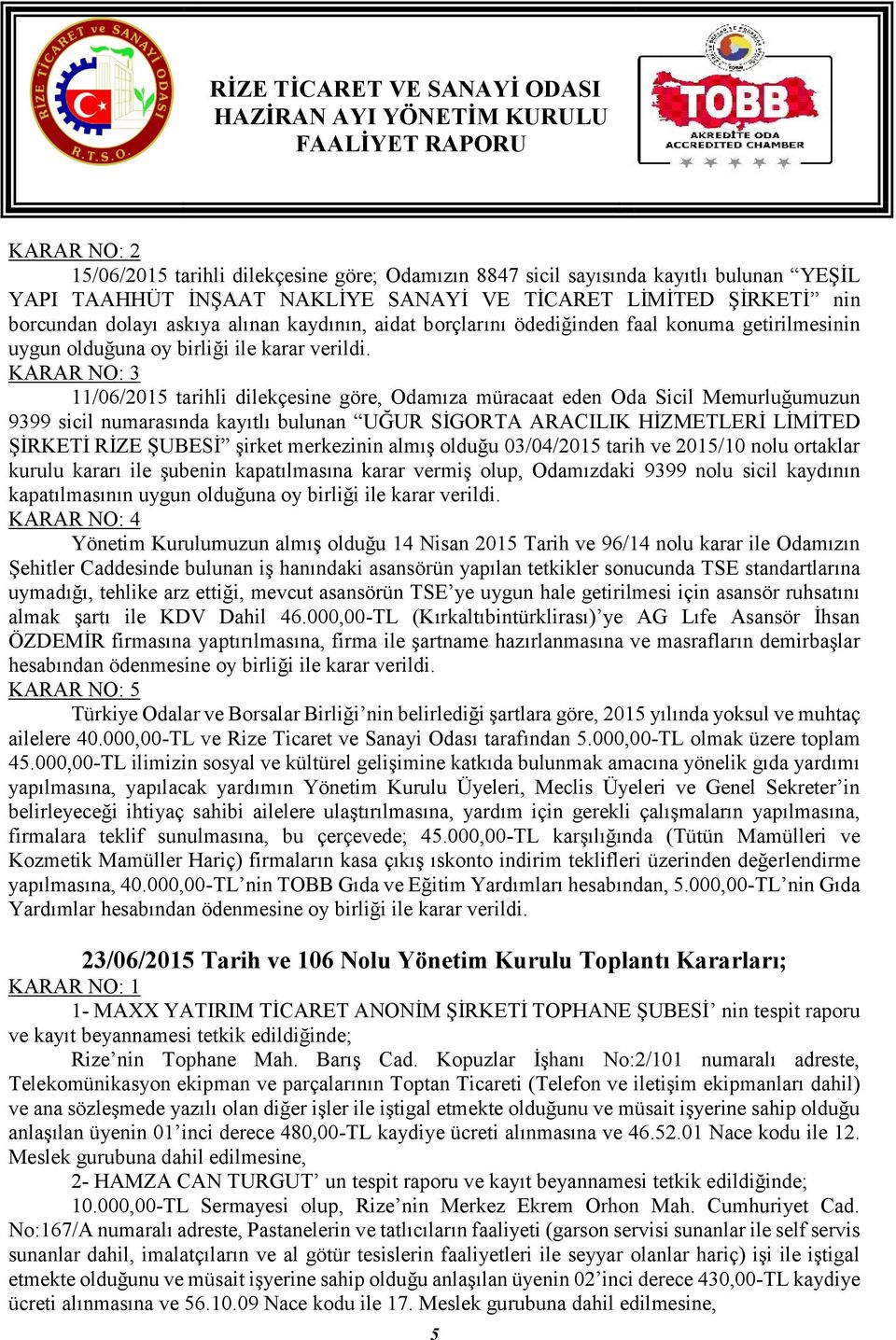 KARAR NO: 3 11/06/2015 tarihli dilekçesine göre, Odamıza müracaat eden Oda Sicil Memurluğumuzun 9399 sicil numarasında kayıtlı bulunan UĞUR SİGORTA ARACILIK HİZMETLERİ LİMİTED ŞİRKETİ RİZE ŞUBESİ