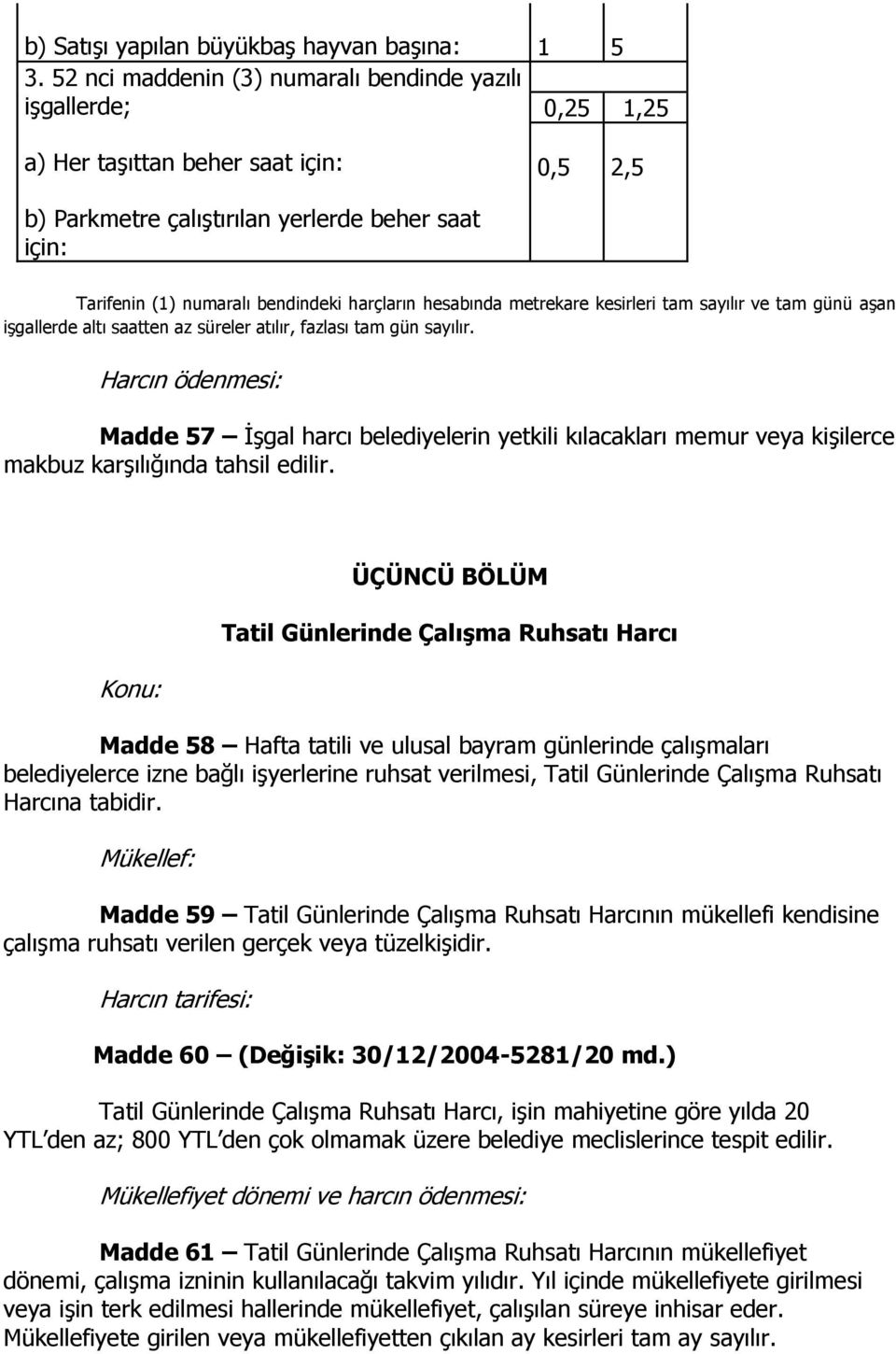 harçların hesabında metrekare kesirleri tam sayılır ve tam günü aşan işgallerde altı saatten az süreler atılır, fazlası tam gün sayılır.