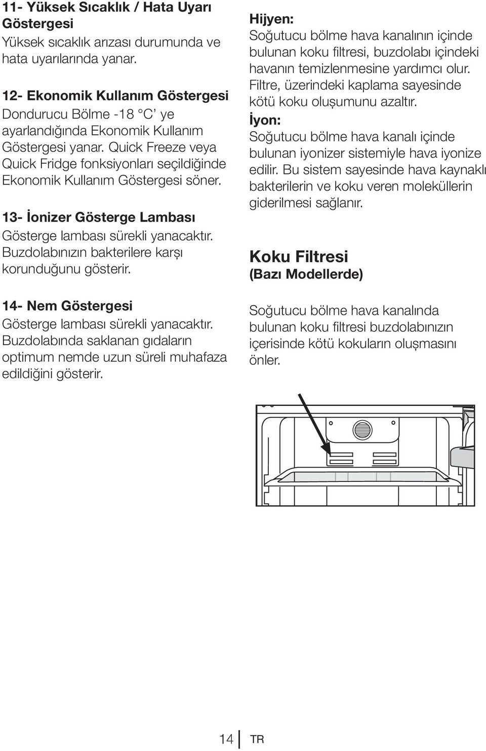 Quick Freeze veya Quick Fridge fonksiyonları seçildiğinde Ekonomik Kullanım Göstergesi söner. 13- İonizer Gösterge Lambası Gösterge lambası sürekli yanacaktır.