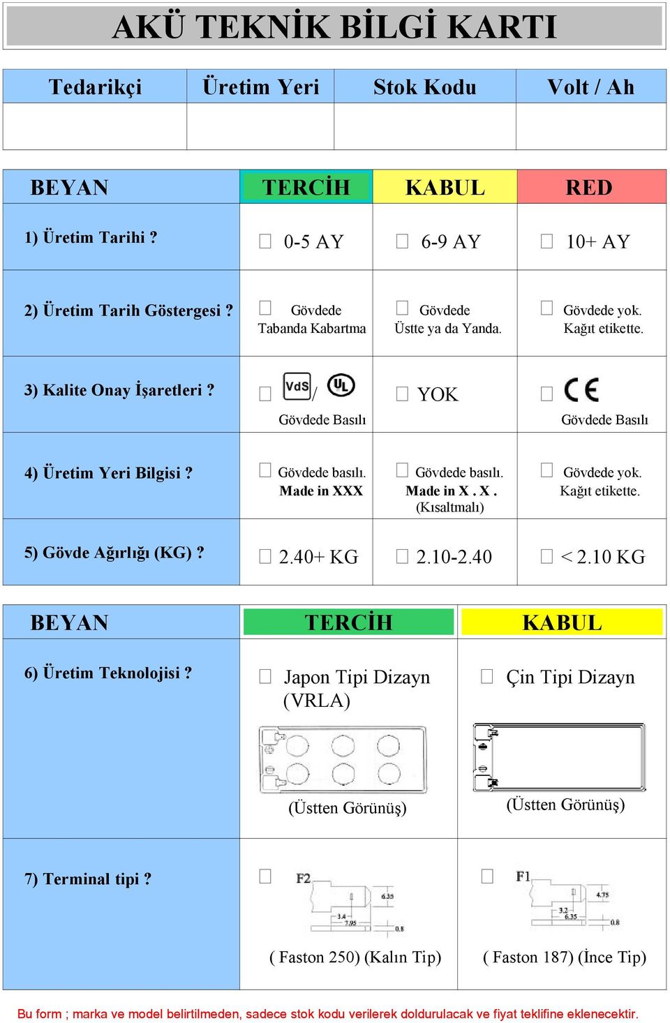 Made in XXX Gövdede basılı. Made in X. X. (Kısaltmalı) Gövdede yok. Kağıt etikette. 5) Gövde Ağırlığı (KG)? 2.40+ KG 2.10-2.40 < 2.10 KG BEYAN TERCİH KABUL 6) Üretim Teknolojisi?