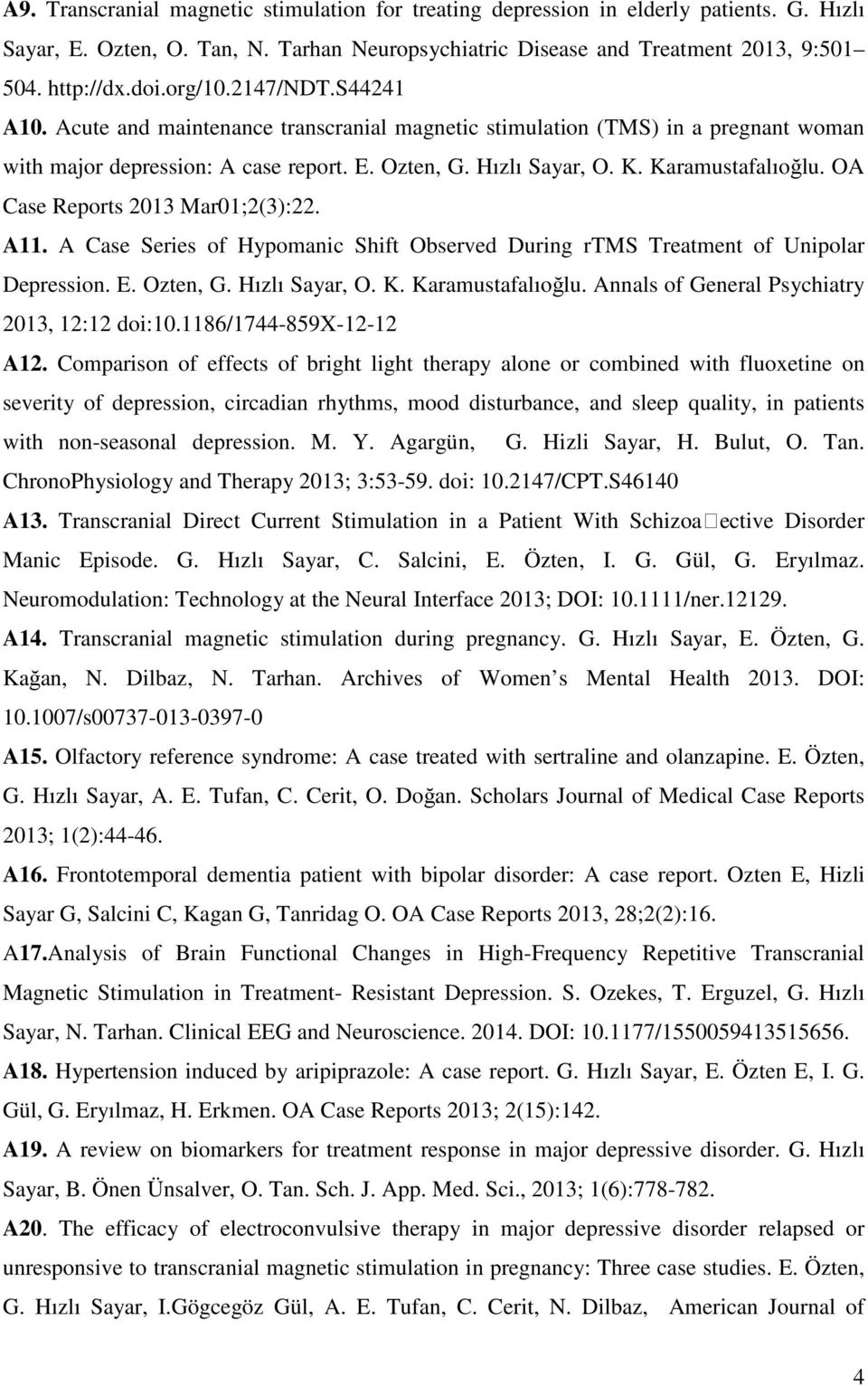 OA Case Reports 2013 Mar01;2(3):22. A11. A Case Series of Hypomanic Shift Observed During rtms Treatment of Unipolar Depression. E. Ozten, G. Hızlı Sayar, O. K. Karamustafalıoğlu.