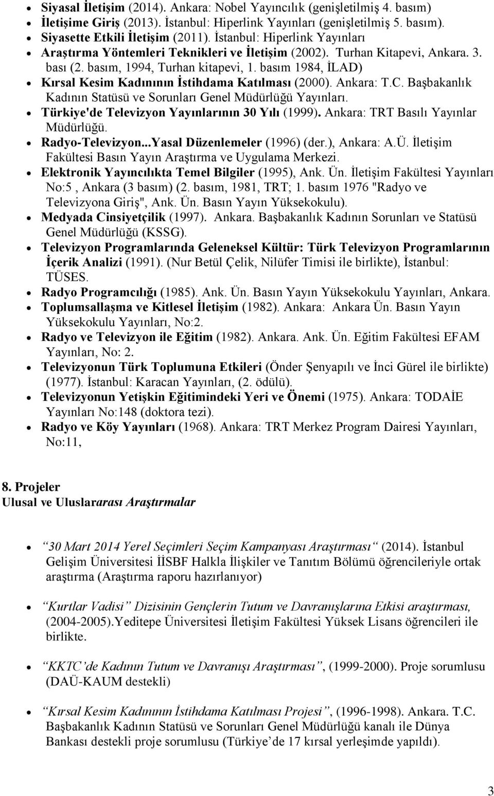 basım 1984, İLAD) Kırsal Kesim Kadınının İstihdama Katılması (2000). Ankara: T.C. Başbakanlık Kadının Statüsü ve Sorunları Genel Müdürlüğü Yayınları. Türkiye'de Televizyon Yayınlarının 30 Yılı (1999).