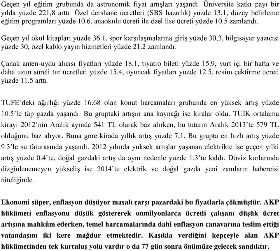 1, spor karşılaşmalarına giriş yüzde 30,3, bilgisayar yazıcısı yüzde 30, özel kablo yayın hizmetleri yüzde 21.2 zamlandı. Çanak anten-uydu alıcısı fiyatları yüzde 18.1, tiyatro bileti yüzde 15.