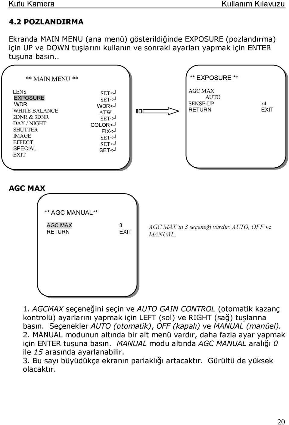 AGC MAX ın 3 seçeneği vardır: AUTO, OFF ve MANUAL. 1. AGCMAX seçeneğini seçin ve AUTO GAIN CONTROL (otomatik kazanç kontrolü) ayarlarını yapmak için LEFT (sol) ve RIGHT (sağ) tuşlarına basın.