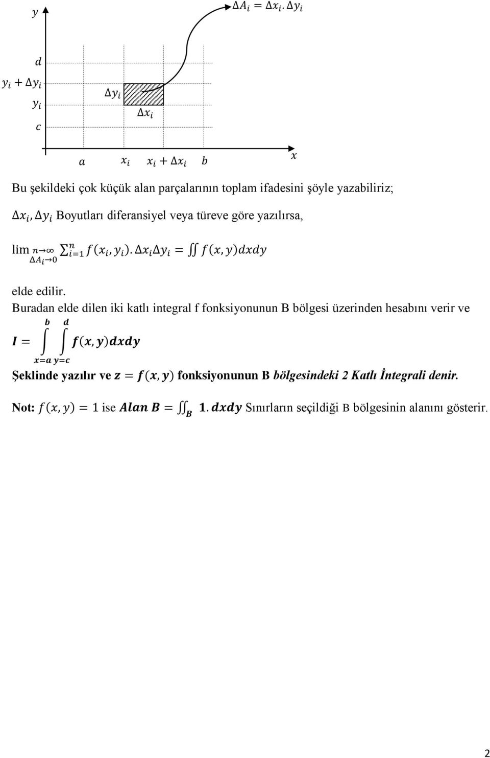 Buradan elde dilen iki katlı integral f fonksiyonunun B bölgesi üzerinden hesabını verir ve