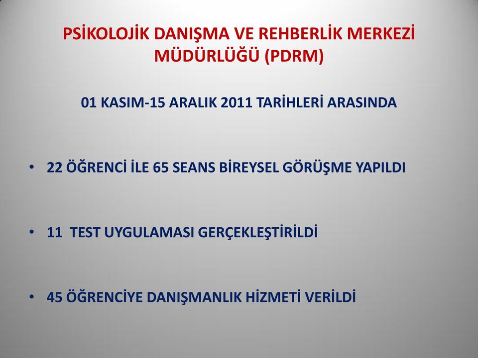 İLE 65 SEANS BİREYSEL GÖRÜŞME YAPILDI 11 TEST UYGULAMASI