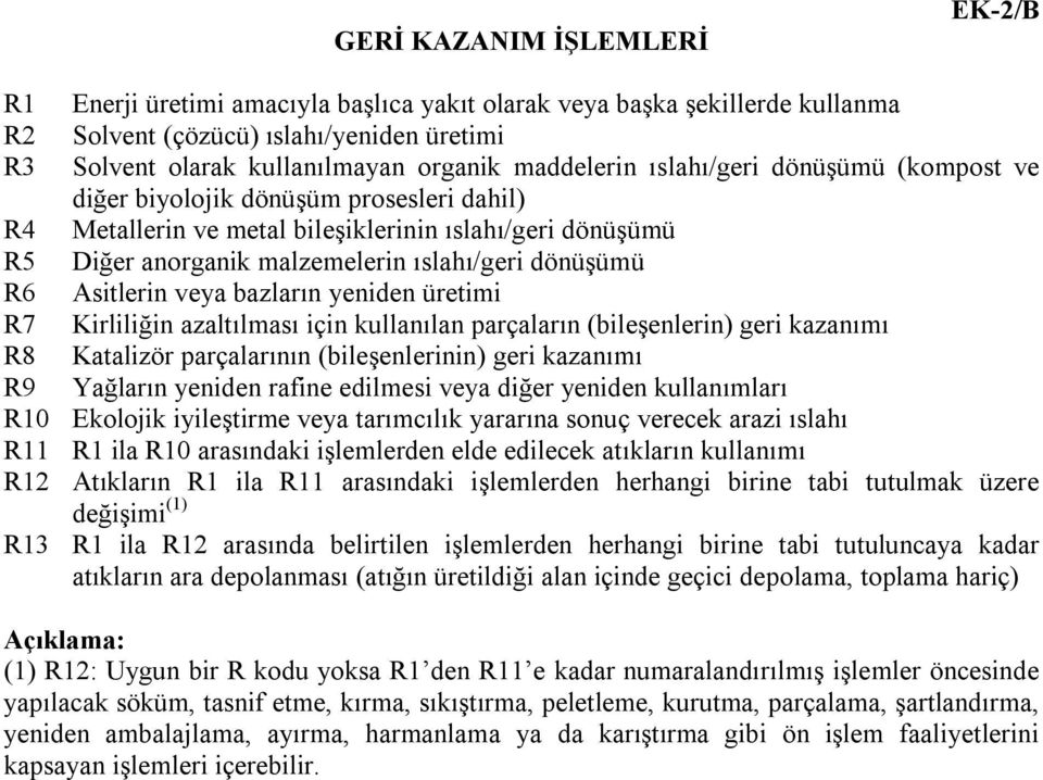 R6 Asitlerin veya bazların yeniden üretimi R7 Kirliliğin azaltılması için kullanılan parçaların (bileşenlerin) geri kazanımı R8 Katalizör parçalarının (bileşenlerinin) geri kazanımı R9 Yağların