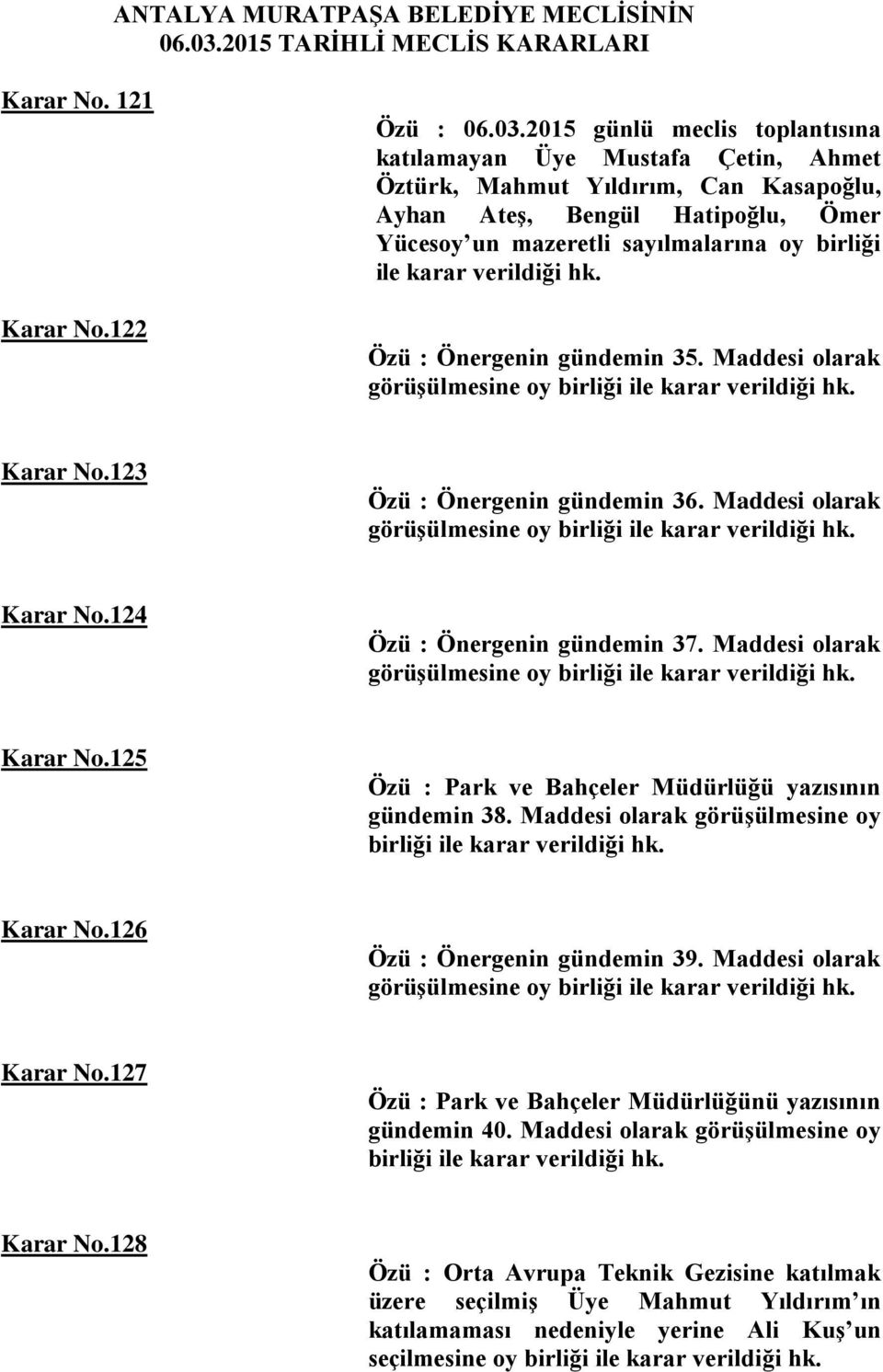 2015 günlü meclis toplantısına katılamayan Üye Mustafa Çetin, Ahmet Öztürk, Mahmut Yıldırım, Can Kasapoğlu, Ayhan Ateş, Bengül Hatipoğlu, Ömer Yücesoy un mazeretli sayılmalarına oy birliği ile Özü :