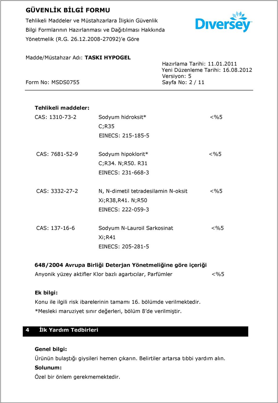 N;R50 EINECS: 222-059-3 CAS: 137-16-6 Sodyum N-Lauroil Sarkosinat <%5 Xi;R41 EINECS: 205-281-5 648/2004 Avrupa Birliği Deterjan Yönetmeliğine göre içeriği Anyonik yüzey aktifler Klor bazlı