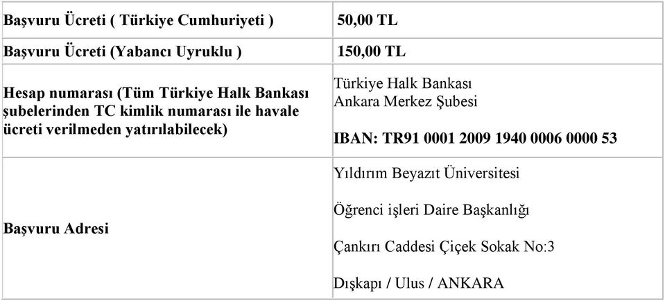 Türkiye Halk Bankası Ankara Merkez Şubesi IBAN: TR91 0001 2009 1940 0006 0000 53 Yıldırım Beyazıt