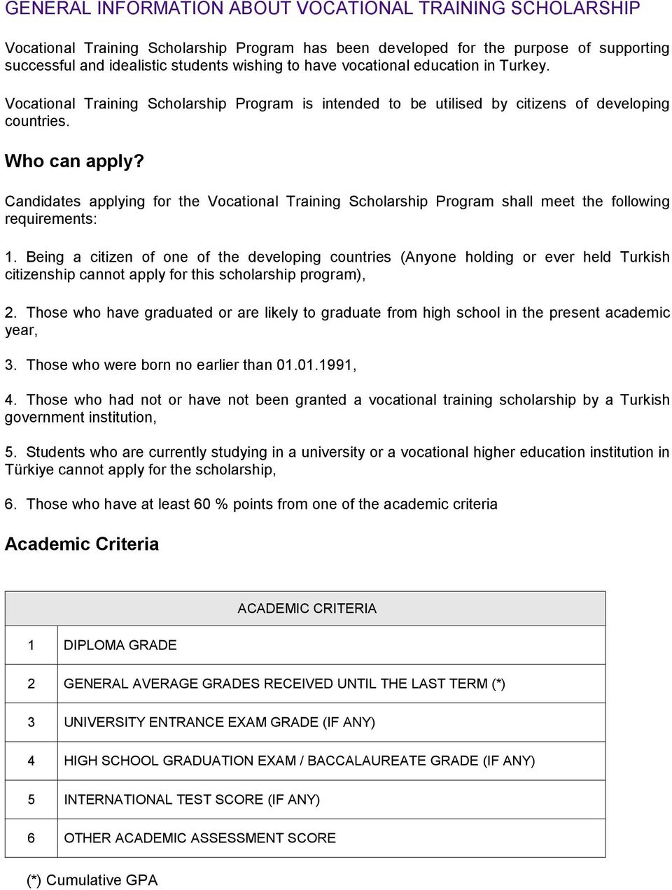 Candidates applying for the Vocational Training Scholarship Program shall meet the following requirements: 1.