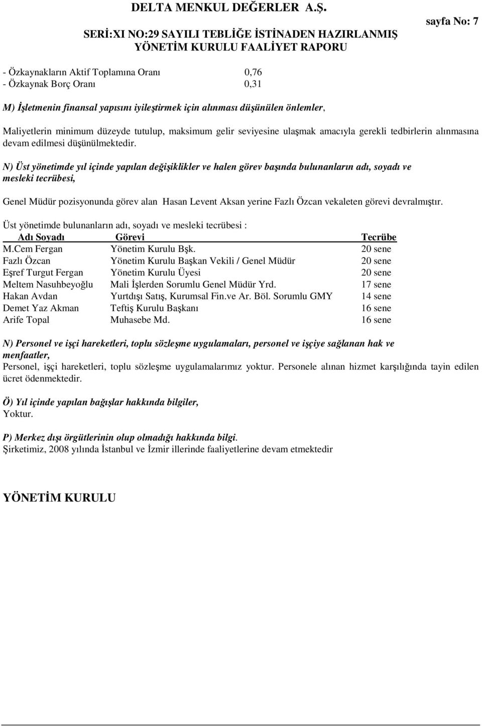 N) Üst yönetimde yıl içinde yapılan deiiklikler ve halen görev baında bulunanların adı, soyadı ve mesleki tecrübesi, Genel Müdür pozisyonunda görev alan Hasan Levent Aksan yerine Fazlı Özcan