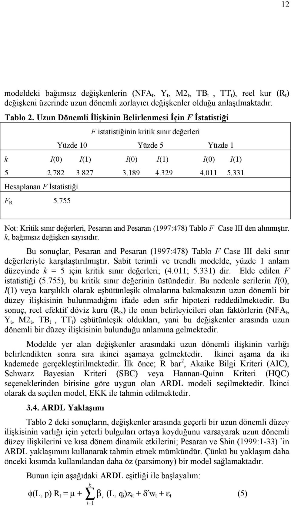 33 Hesaplanan F İstatistiği F R 5.755 Not: Kritik sınır değerleri, Pesaran and Pesaran (997:478) Tablo F Case III den alınmıştır. k, bağımsız değişken sayısıdır.