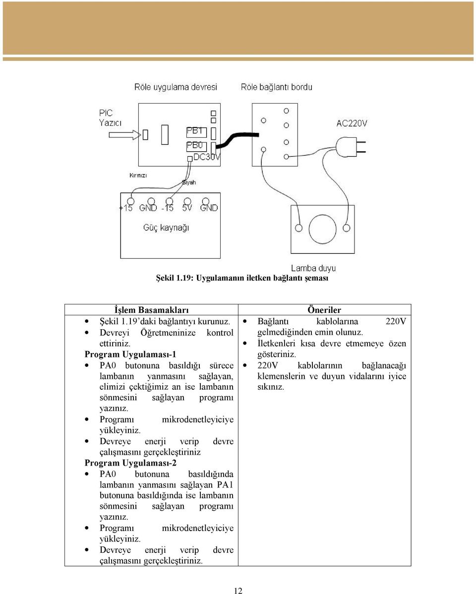 Devreye enerji verip devre çalışmasını gerçekleştiriniz Program Uygulaması-2 PA0 butonuna basıldığında lambanın yanmasını sağlayan PA1 butonuna basıldığında ise lambanın sönmesini sağlayan programı