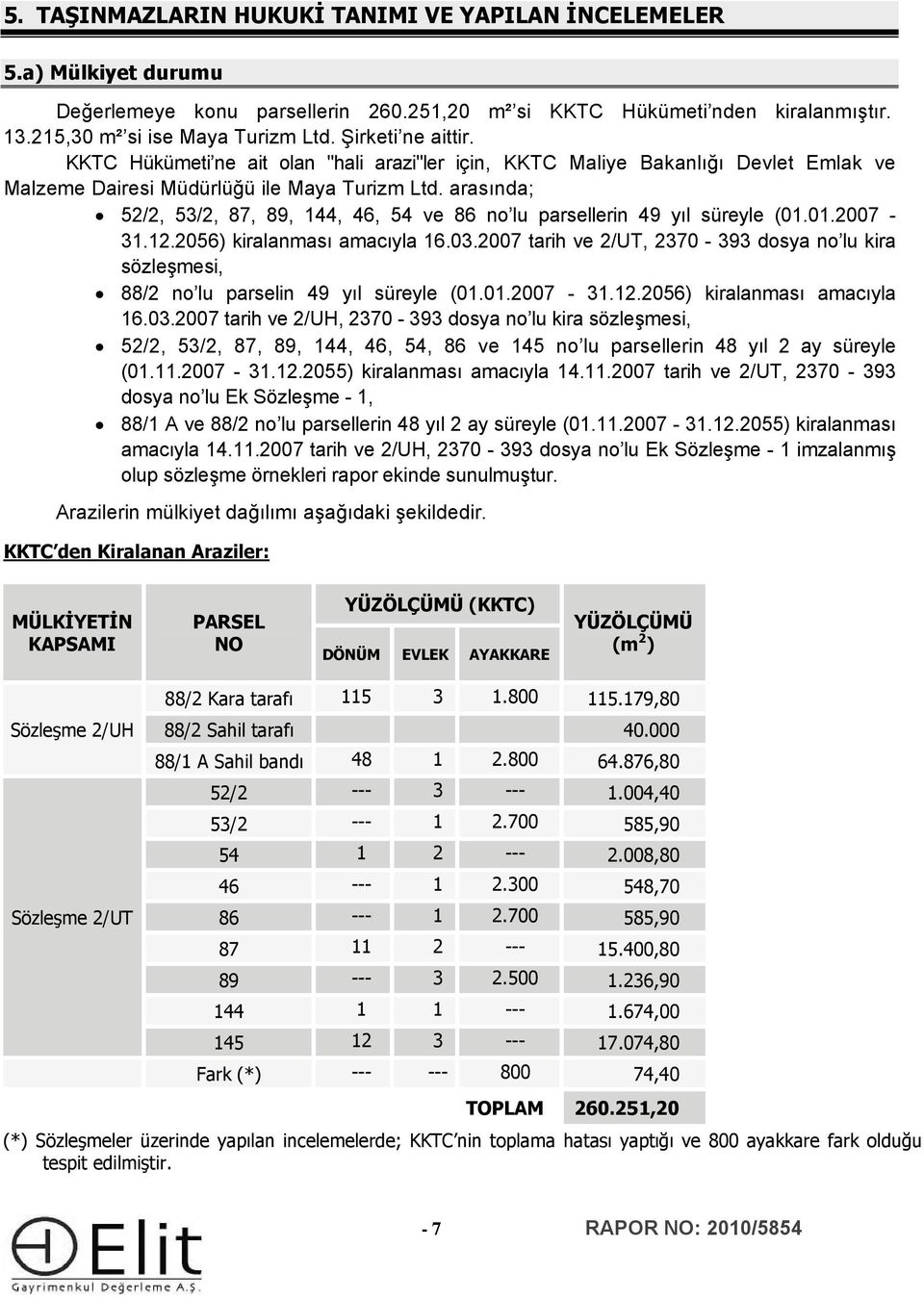 arasında; 52/2, 53/2, 87, 89, 144, 46, 54 ve 86 n lu parsellerin 49 yıl süreyle (01.01.2007-31.12.2056) kiralanması amacıyla 16.03.