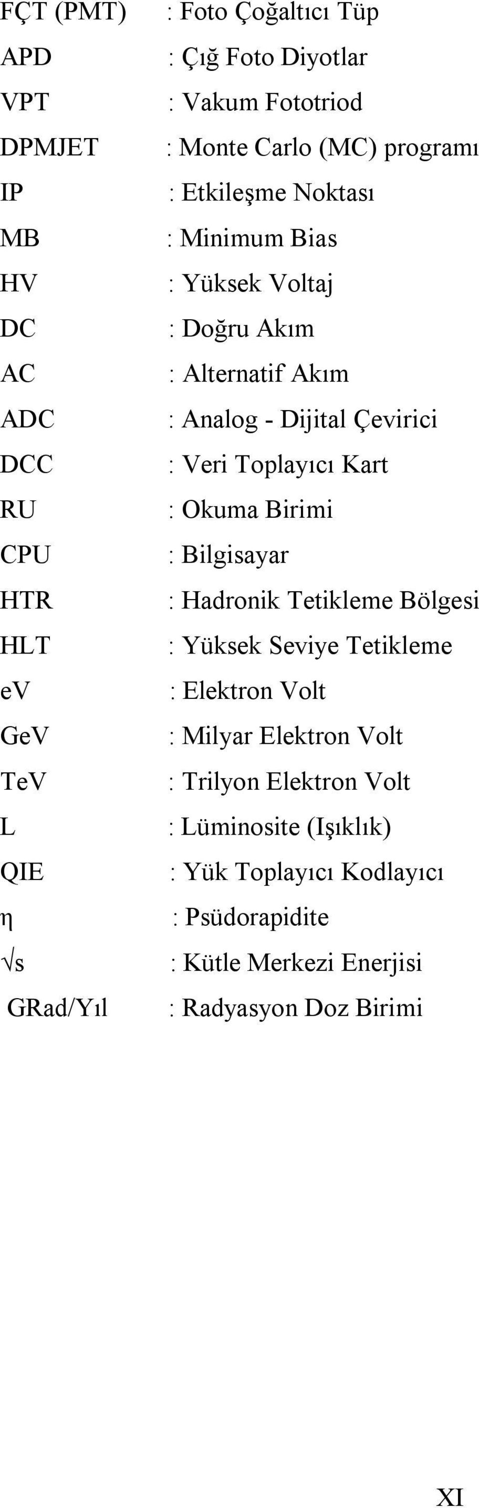 Çevirici : Veri Toplayıcı Kart : Okuma Birimi : Bilgisayar : Hadronik Tetikleme Bölgesi : Yüksek Seviye Tetikleme : Elektron Volt : Milyar