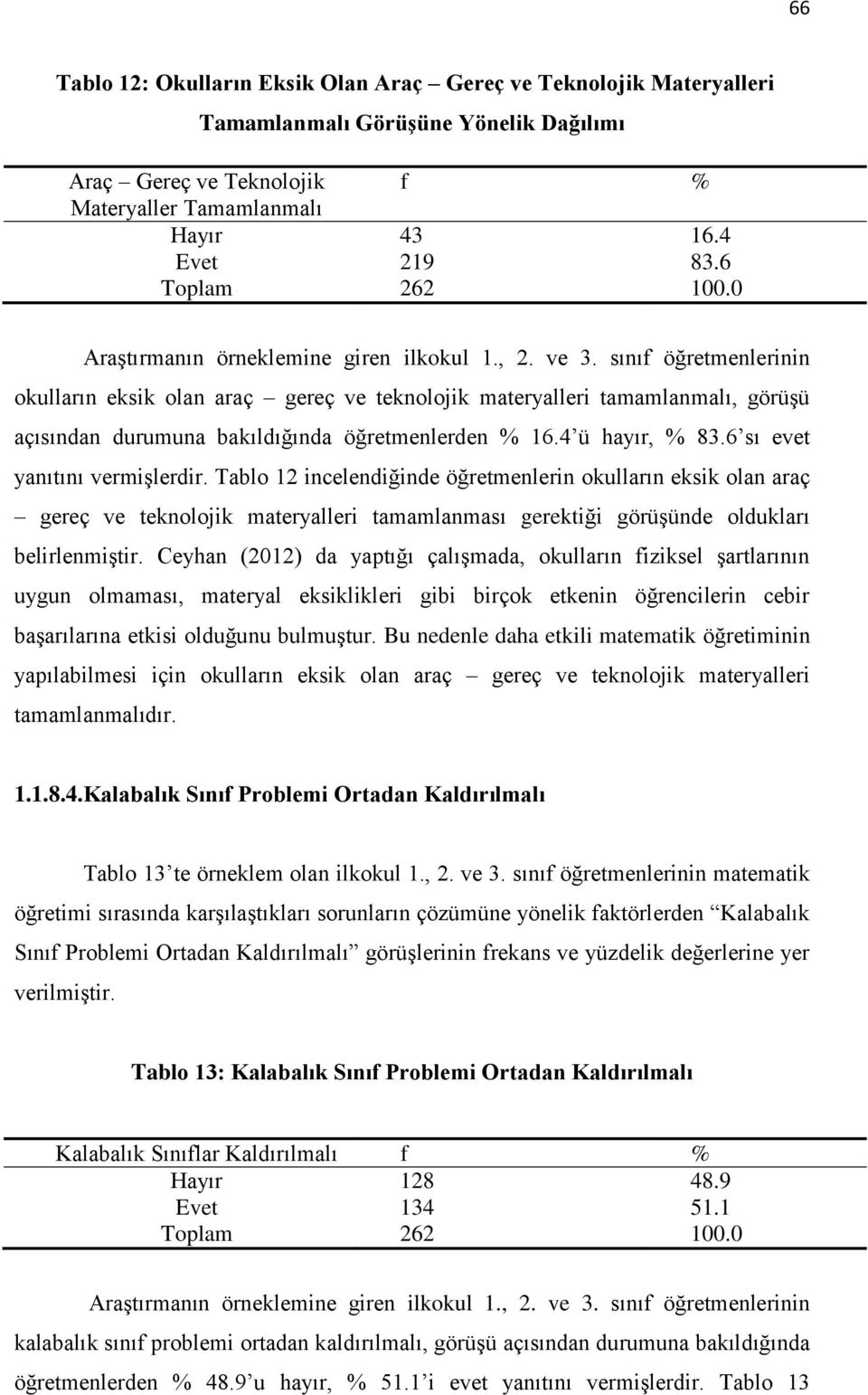 sınıf öğretmenlerinin okulların eksik olan araç gereç ve teknolojik materyalleri tamamlanmalı, görüşü açısından durumuna bakıldığında öğretmenlerden % 16.4 ü hayır, % 83.