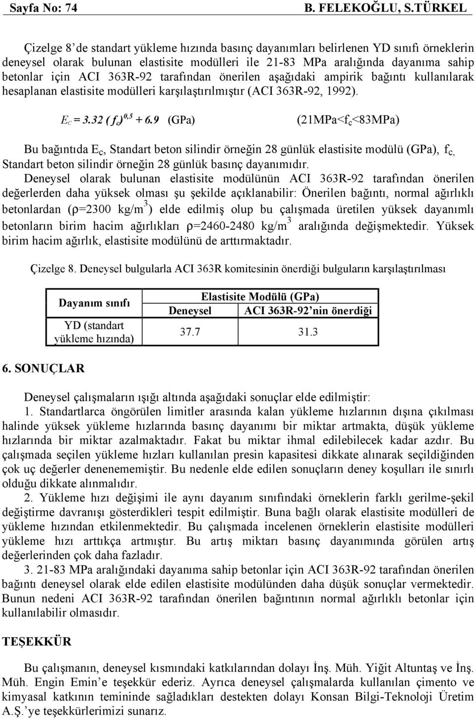 tarafından önerilen aşağıdaki ampirik bağıntı kullanılarak hesaplanan elastisite modülleri karşılaştırılmıştır (ACI 363R-92, 1992). E C = 3.32 ( f c ),5 + 6.