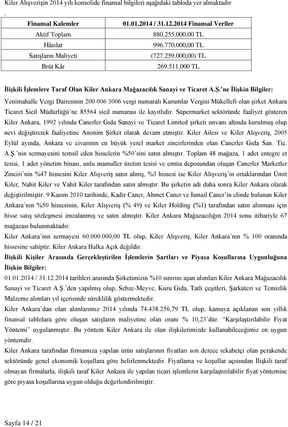 ne ĠliĢkin Bilgiler: Yenimahalle Vergi Dairesinin 200 006 3006 vergi numaralı Kurumlar Vergisi Mükellefi olan şirket Ankara Ticaret Sicil Müdürlüğü ne 85564 sicil numarası ile kayıtlıdır.