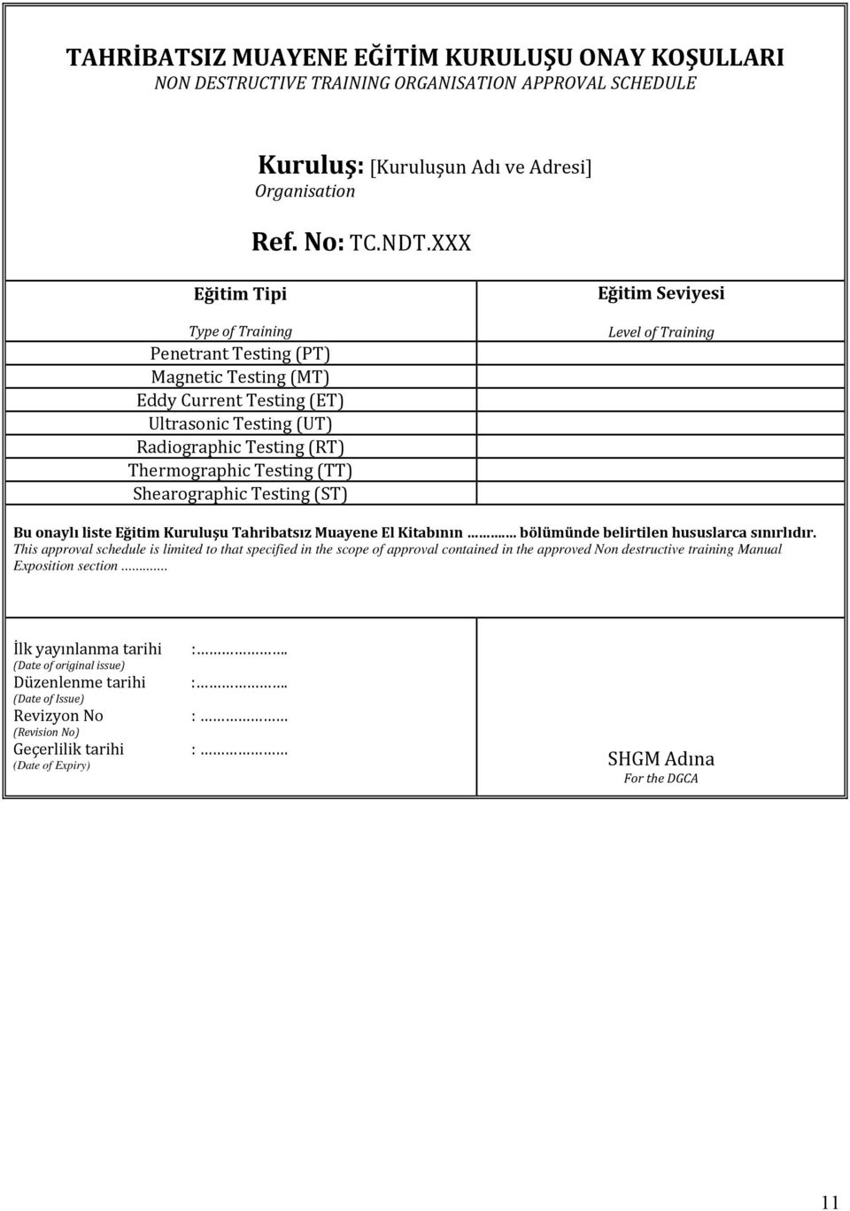 Testing (ST) Eğitim Seviyesi Level of Training Bu onaylı liste Eğitim Kuruluşu Tahribatsız Muayene El Kitabının. bölümünde belirtilen hususlarca sınırlıdır.