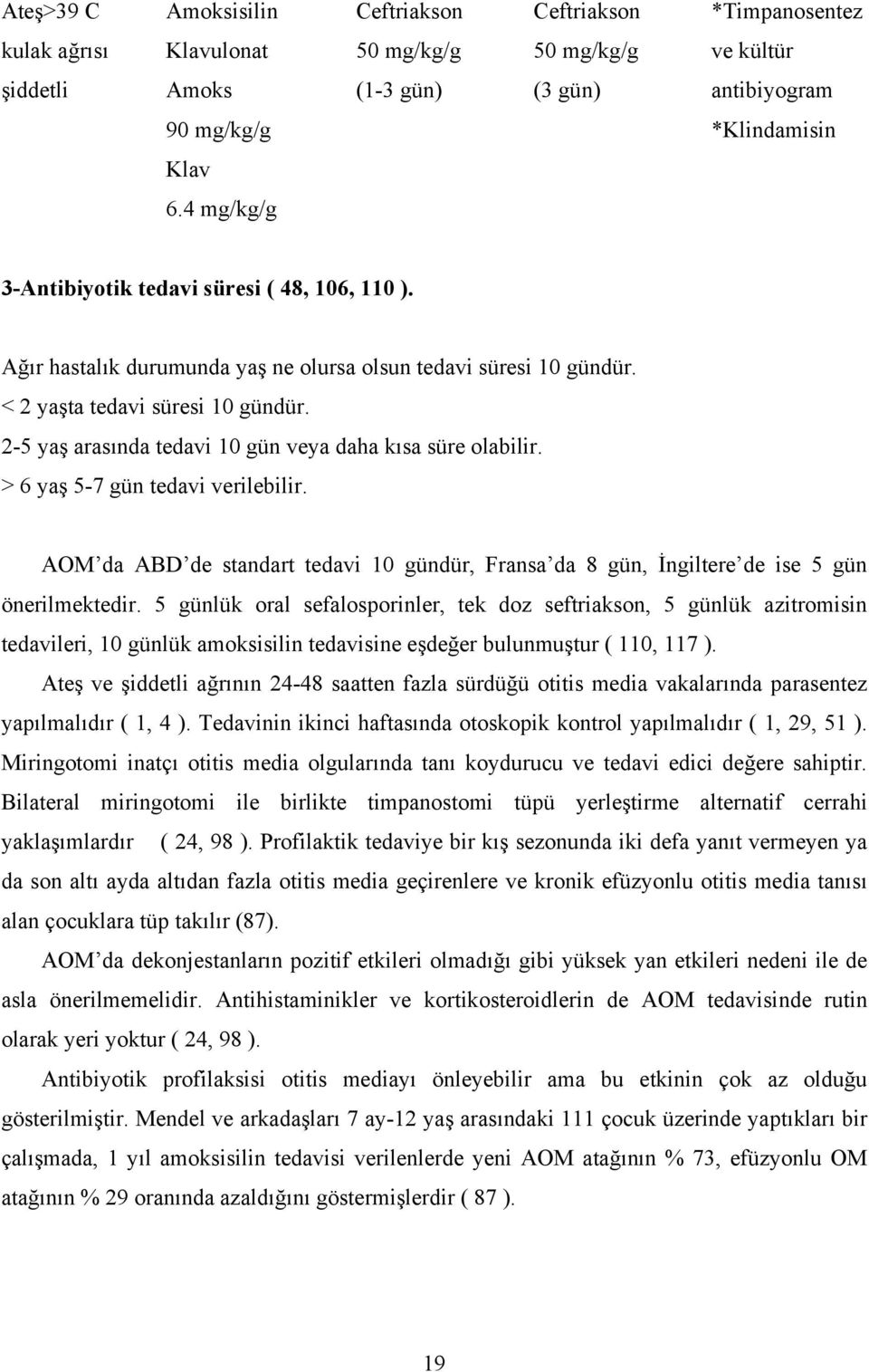 2-5 yaş arasında tedavi 10 gün veya daha kısa süre olabilir. > 6 yaş 5-7 gün tedavi verilebilir. AOM da ABD de standart tedavi 10 gündür, Fransa da 8 gün, İngiltere de ise 5 gün önerilmektedir.