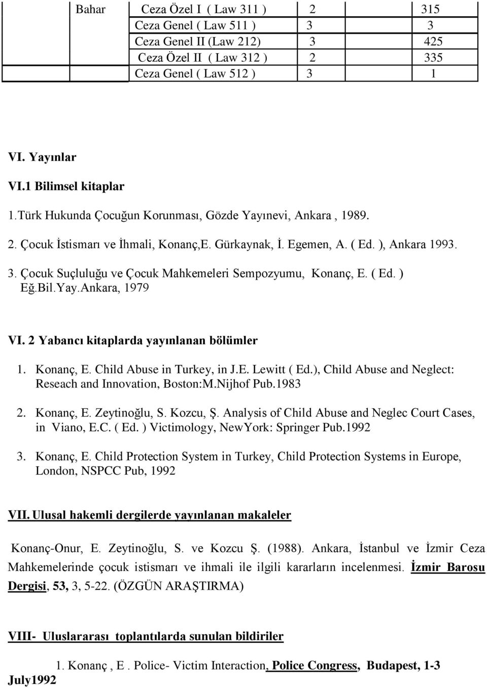 Çocuk Suçluluğu ve Çocuk Mahkemeleri Sempozyumu, Konanç, E. ( Ed. ) Eğ.Bil.Yay.Ankara, 1979 VI. 2 Yabancı kitaplarda yayınlanan bölümler 1. Konanç, E. Child Abuse in Turkey, in J.E. Lewitt ( Ed.