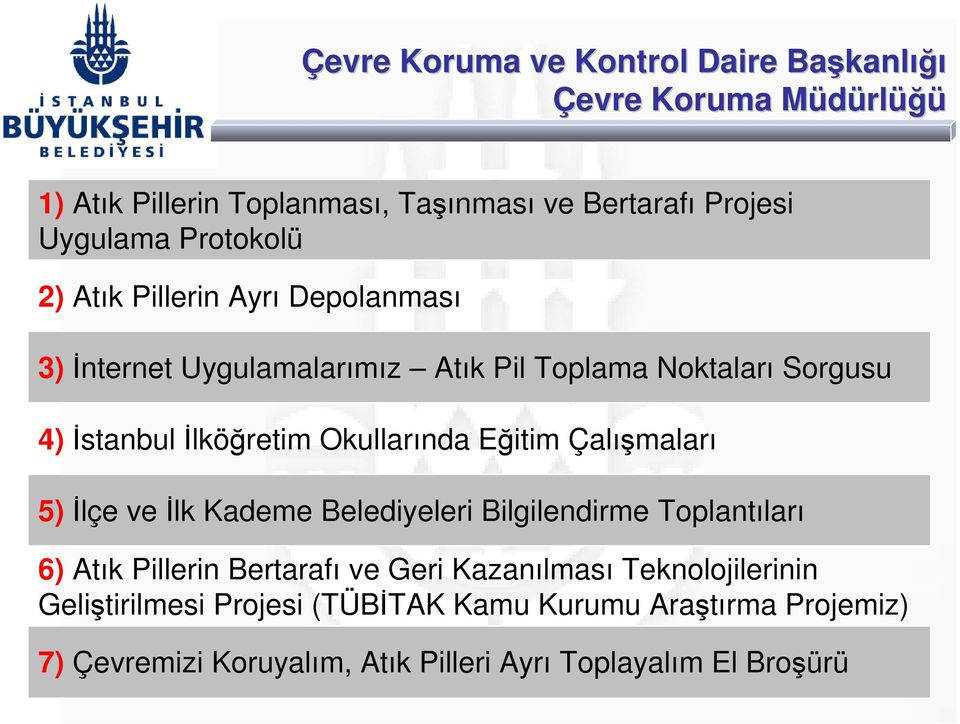 5)İlçe ve İlk Kademe Belediyeleri Bilgilendirme Toplantıları 6) Atık Pillerin Bertarafı ve Geri Kazanılması