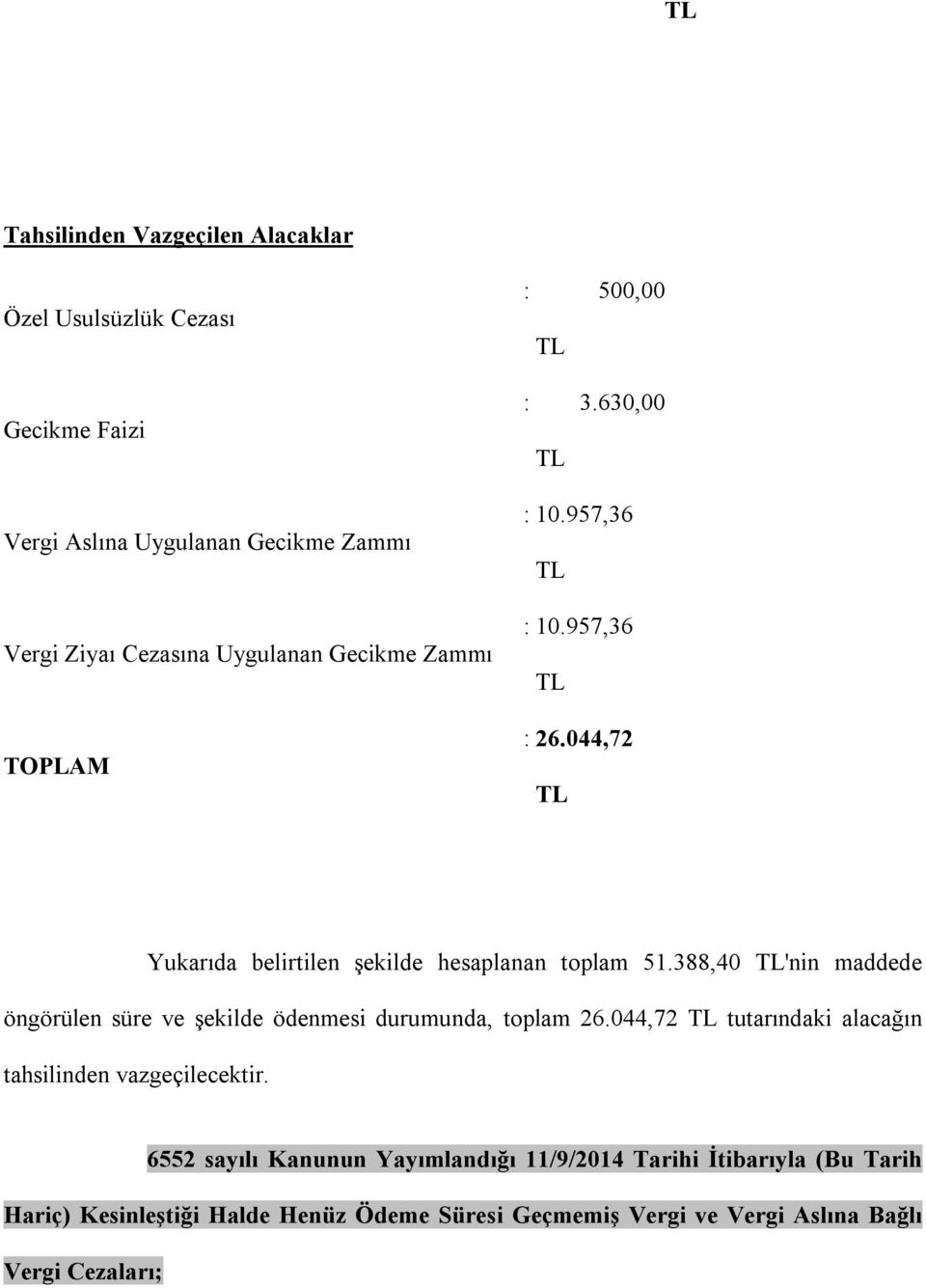 388,40 'nin maddede öngörülen süre ve şekilde ödenmesi durumunda, toplam 26.044,72 tutarındaki alacağın tahsilinden vazgeçilecektir.